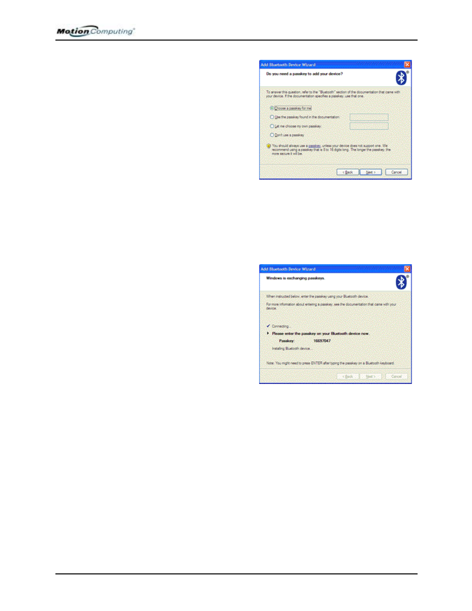 Start the passkey exchange process, Tap finish to complete the installation, Take your device for a spin | Motion Computing M1400 User Manual | Page 65 / 105