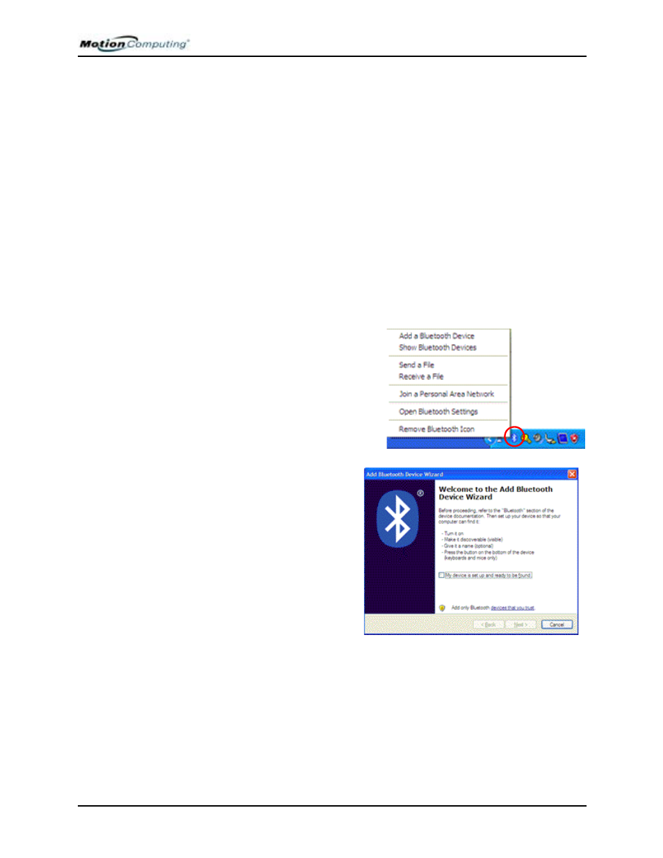 Set up a device (bluetooth mouse), Pre-installation step: check the batteries, Start the bluetooth application | Make the mouse discoverable | Motion Computing M1400 User Manual | Page 67 / 105