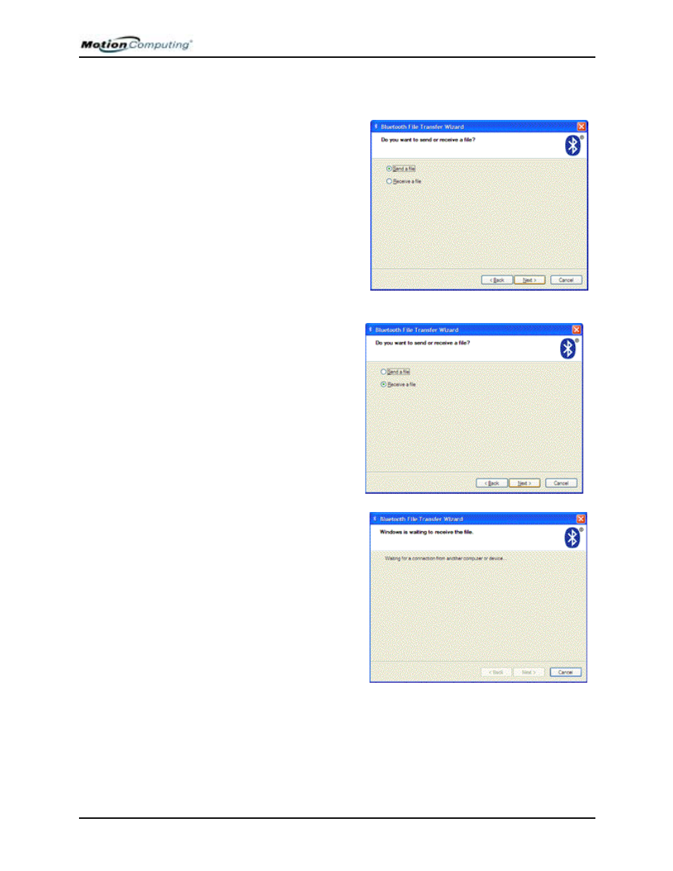 Select whether to send or receive a file | Motion Computing M1400 User Manual | Page 71 / 105