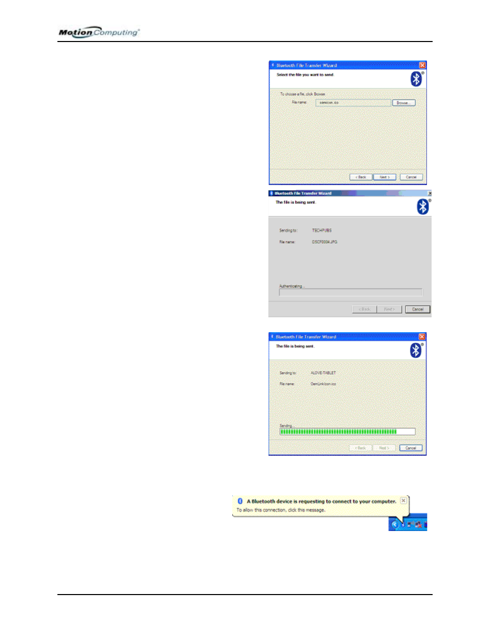 From the sending tablet pc, choose a file to send | Motion Computing M1400 User Manual | Page 73 / 105