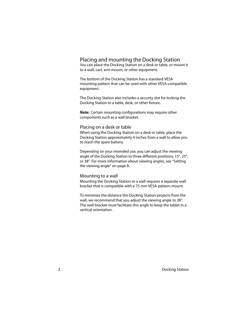 Placing and mounting the docking station, Placing on a desk or table, Mounting to a wall | Placing on a desk or table mounting to a wall | Motion Computing MotionTM C5 User Manual | Page 10 / 78