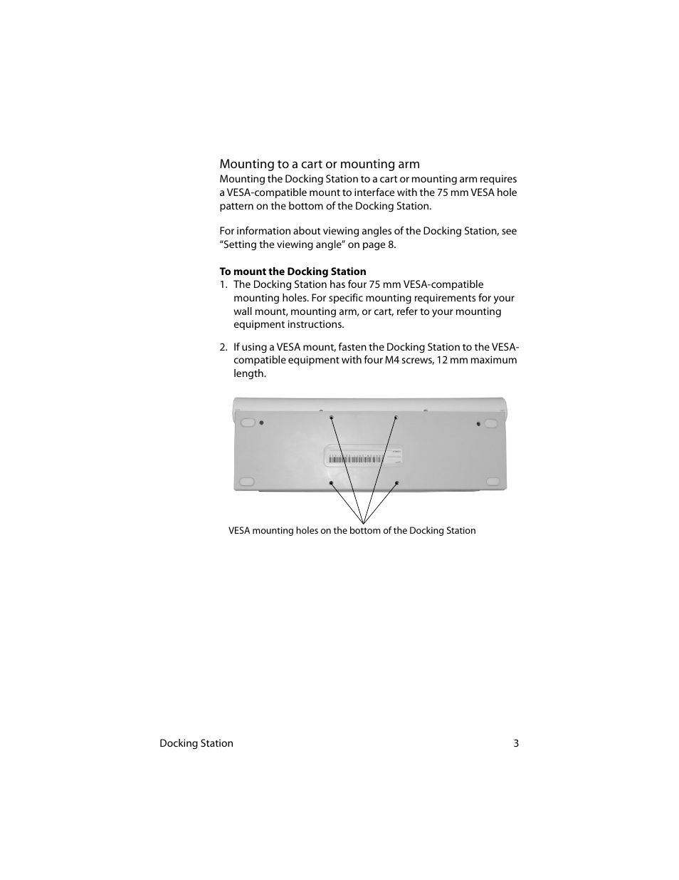 Mounting to a cart or mounting arm | Motion Computing MotionTM C5 User Manual | Page 11 / 78