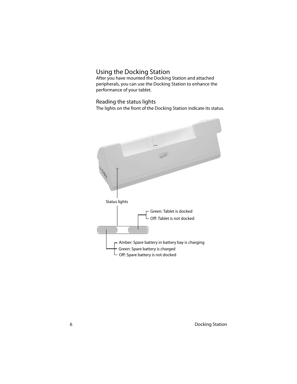 Using the docking station, Reading the status lights | Motion Computing MotionTM C5 User Manual | Page 14 / 78