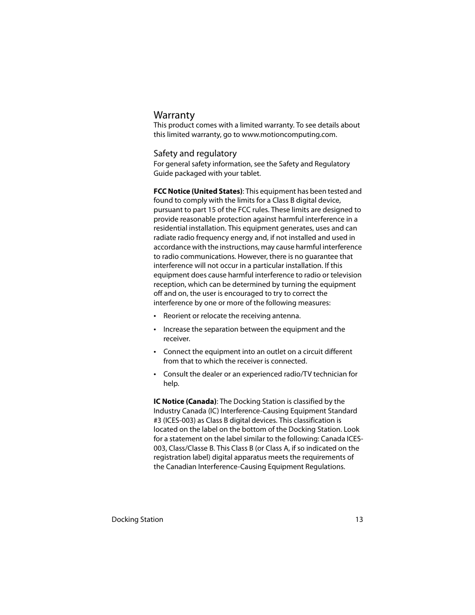 Warranty, Safety and regulatory | Motion Computing MotionTM C5 User Manual | Page 21 / 78
