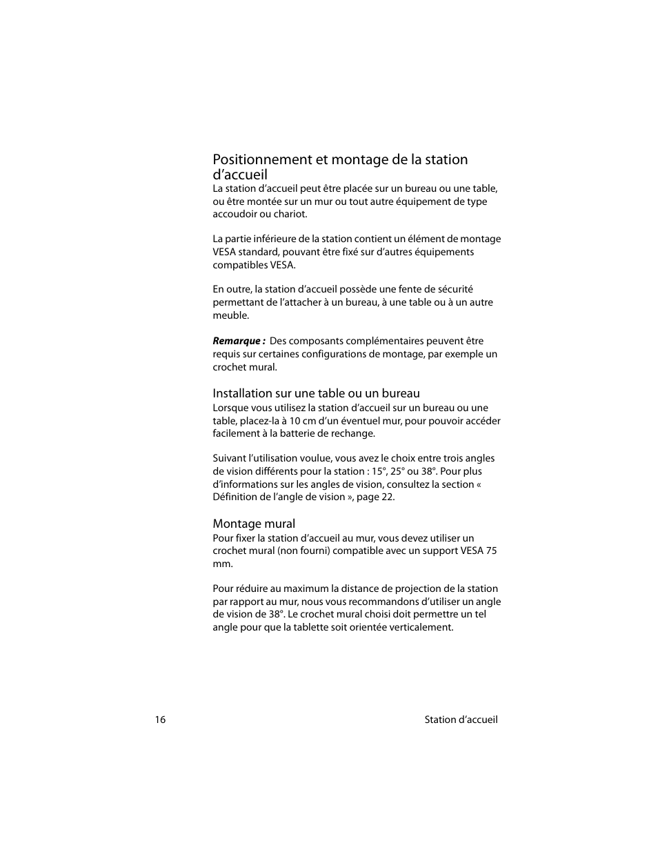 Positionnement et montage de la station d’accueil, Installation sur une table ou un bureau, Montage mural | Motion Computing MotionTM C5 User Manual | Page 24 / 78