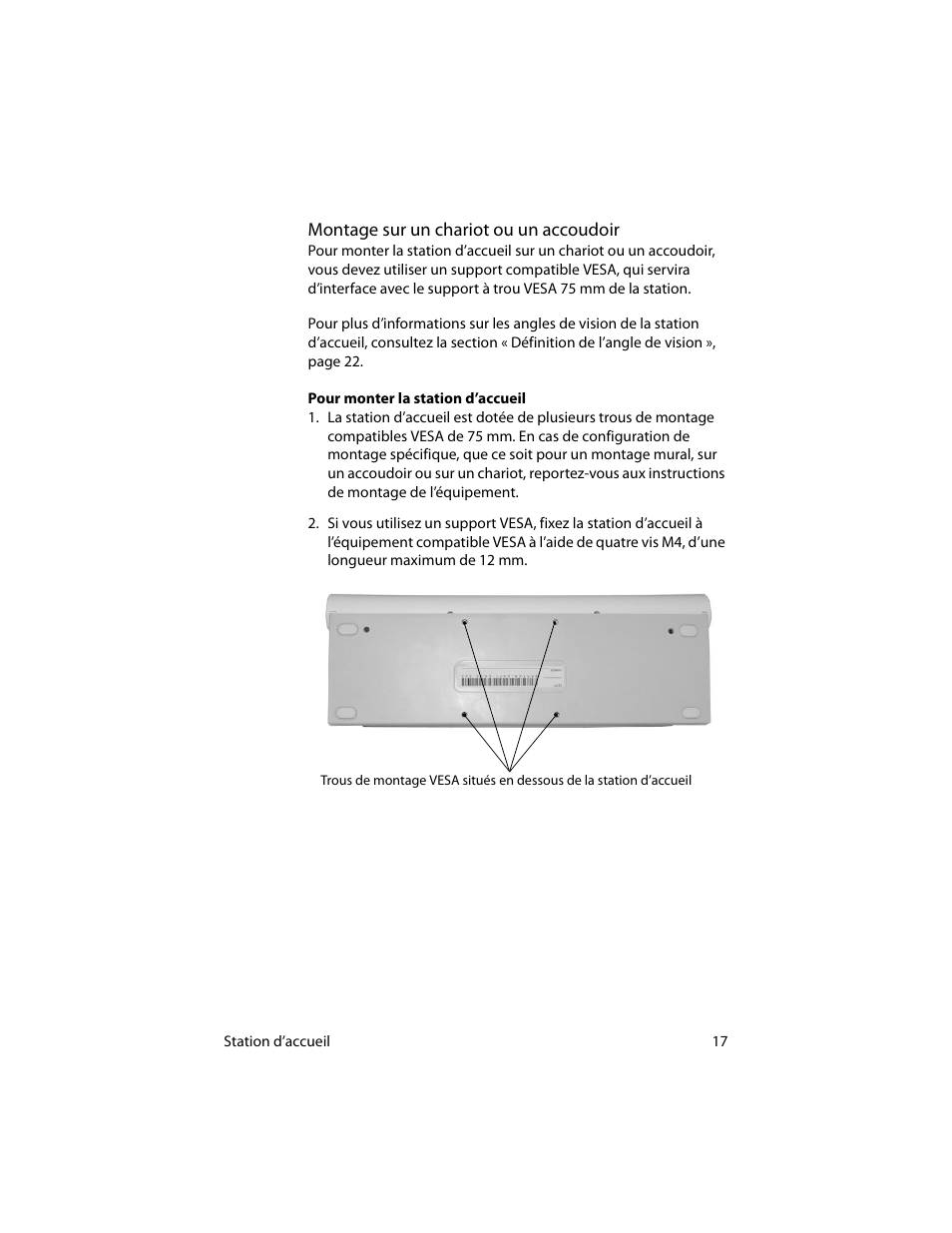 Montage sur un chariot ou un accoudoir | Motion Computing MotionTM C5 User Manual | Page 25 / 78