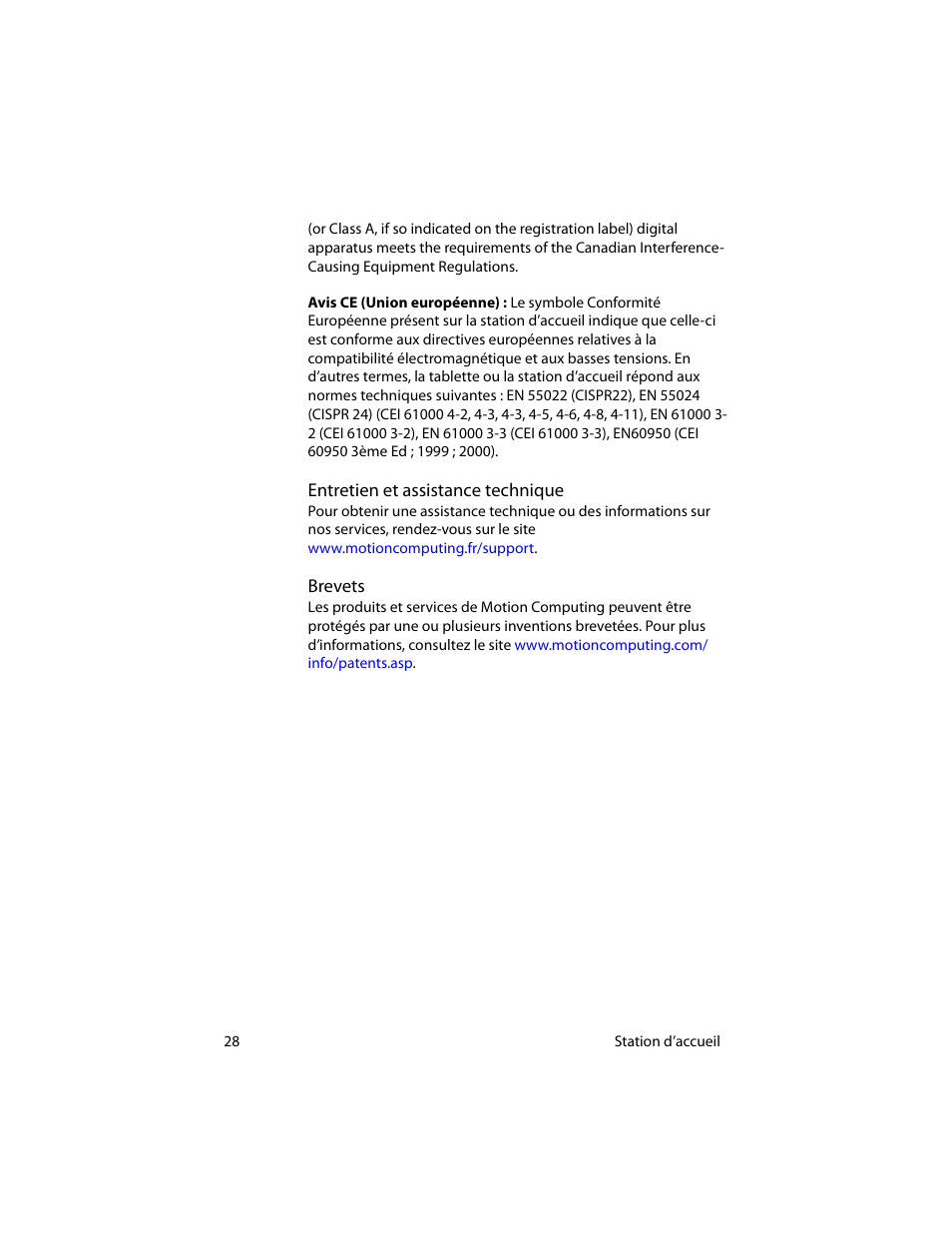 Entretien et assistance technique, Brevets, Entretien et assistance technique brevets | Motion Computing MotionTM C5 User Manual | Page 36 / 78