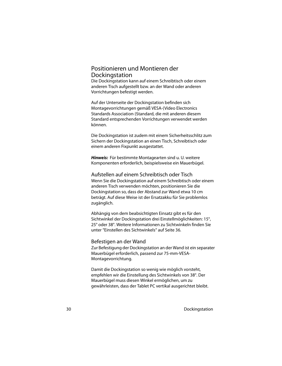 Positionieren und montieren der dockingstation, Aufstellen auf einem schreibtisch oder tisch, Befestigen an der wand | Motion Computing MotionTM C5 User Manual | Page 38 / 78