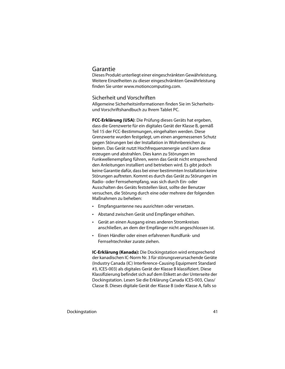 Garantie, Sicherheit und vorschriften | Motion Computing MotionTM C5 User Manual | Page 49 / 78