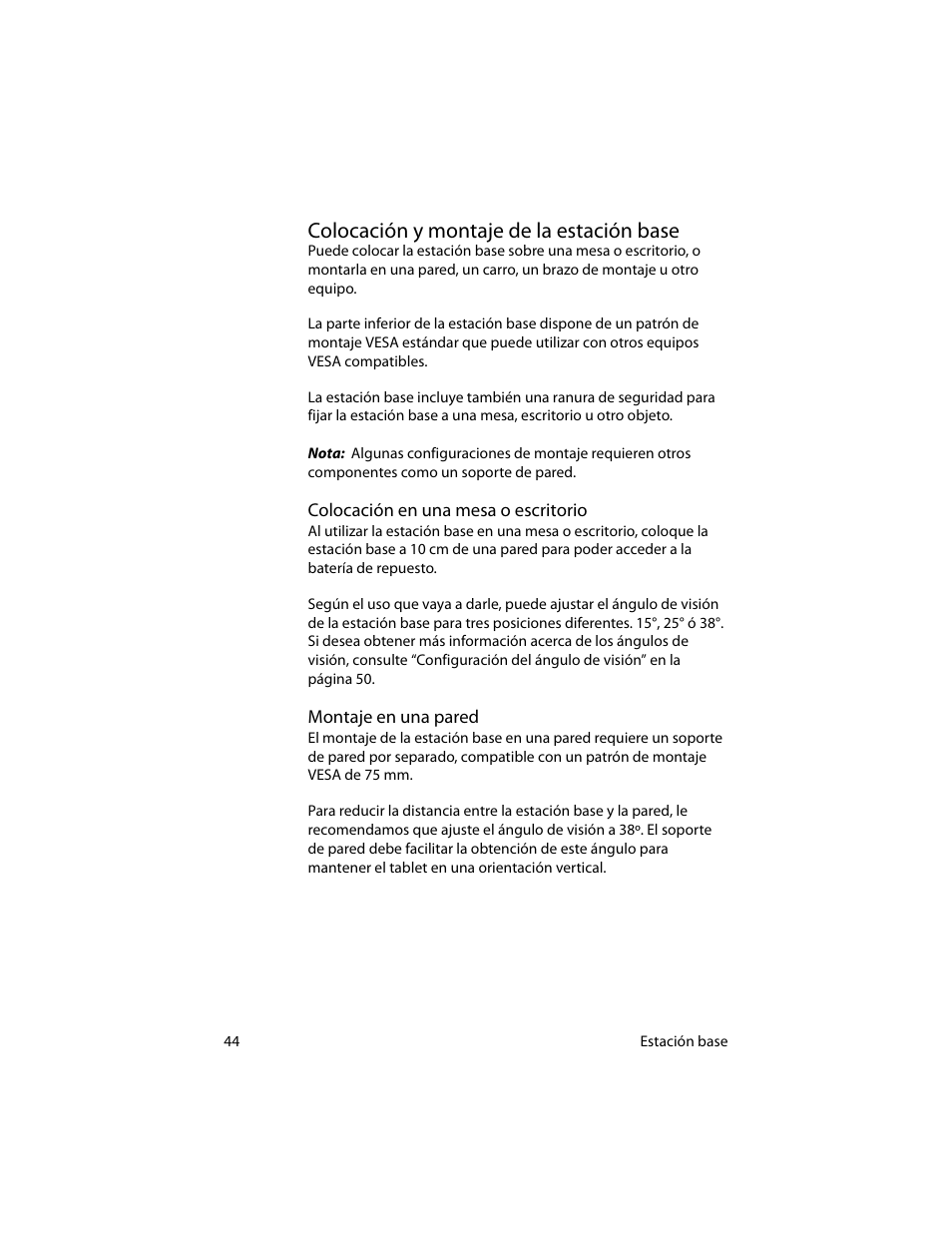 Colocación y montaje de la estación base, Colocación en una mesa o escritorio, Montaje en una pared | Motion Computing MotionTM C5 User Manual | Page 52 / 78