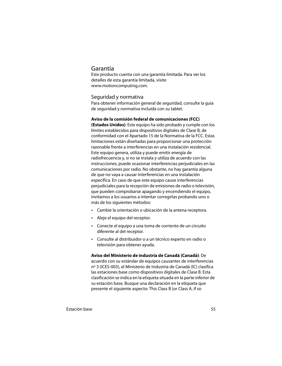 Garantía, Seguridad y normativa | Motion Computing MotionTM C5 User Manual | Page 63 / 78