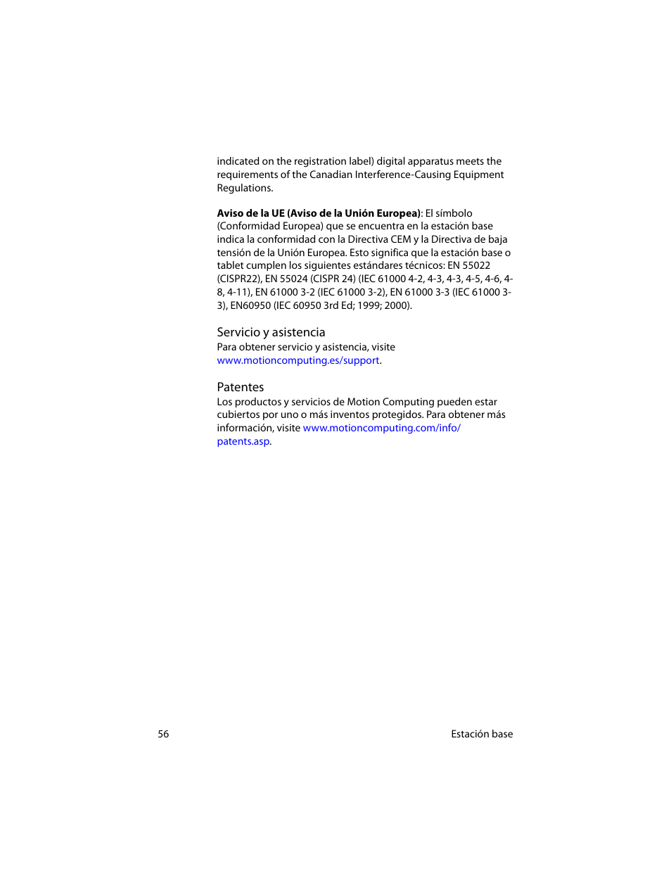 Servicio y asistencia, Patentes, Servicio y asistencia patentes | Motion Computing MotionTM C5 User Manual | Page 64 / 78