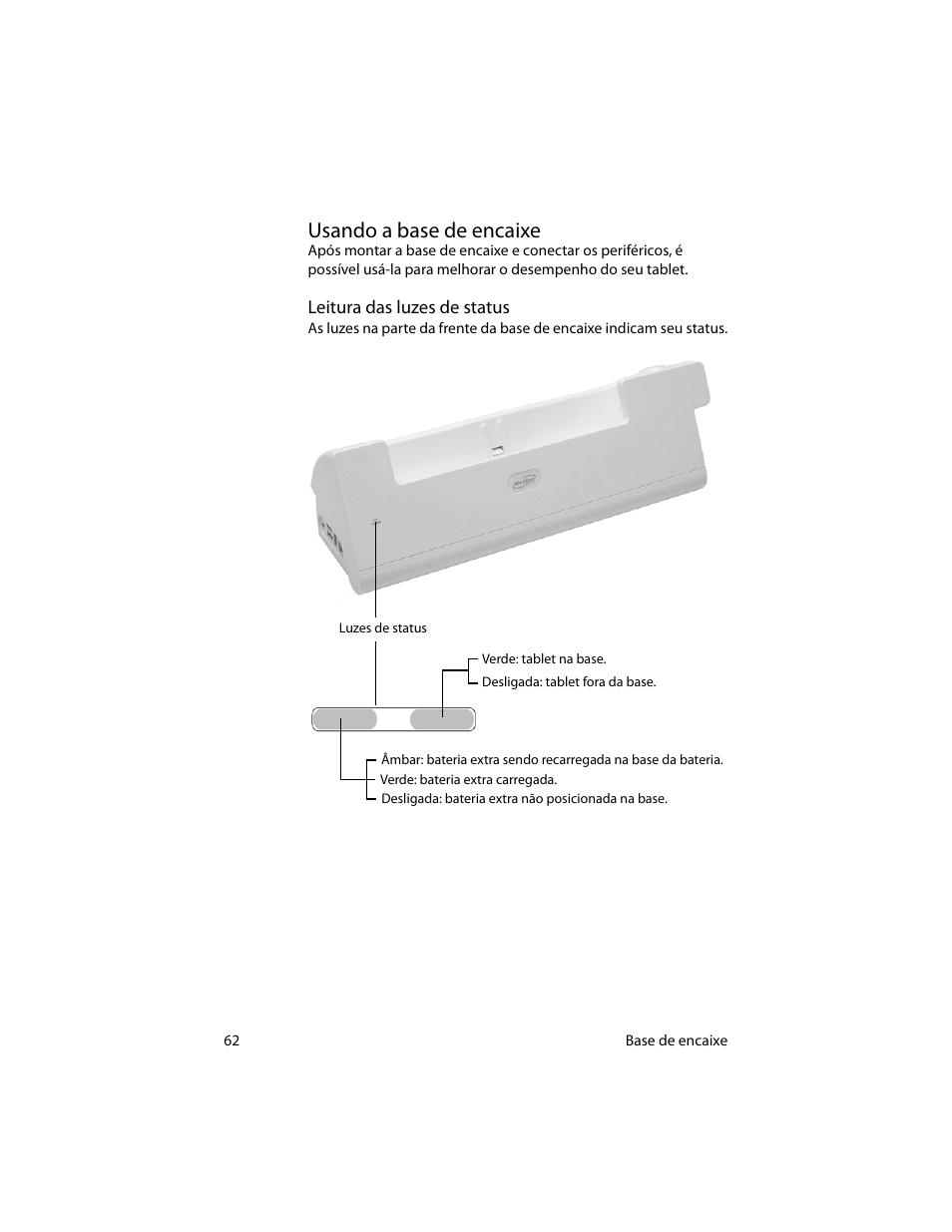 Usando a base de encaixe, Leitura das luzes de status | Motion Computing MotionTM C5 User Manual | Page 70 / 78