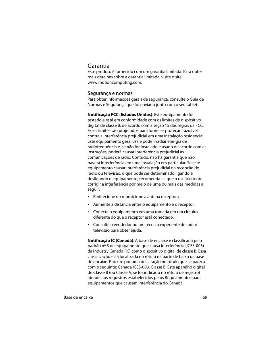 Garantia, Segurança e normas | Motion Computing MotionTM C5 User Manual | Page 77 / 78