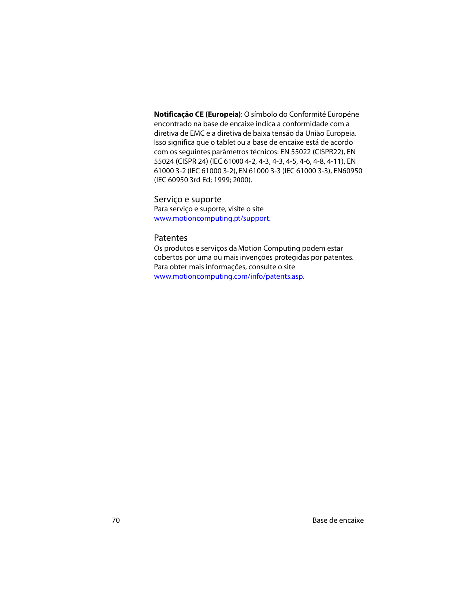 Serviço e suporte, Patentes, Serviço e suporte patentes | Motion Computing MotionTM C5 User Manual | Page 78 / 78