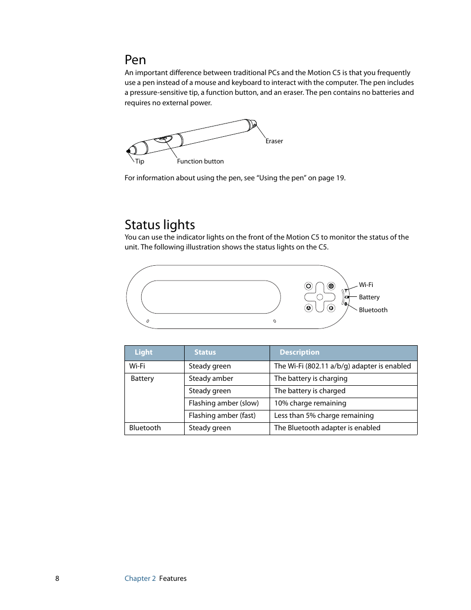 Status lights | Motion Computing C5 User Manual | Page 10 / 66