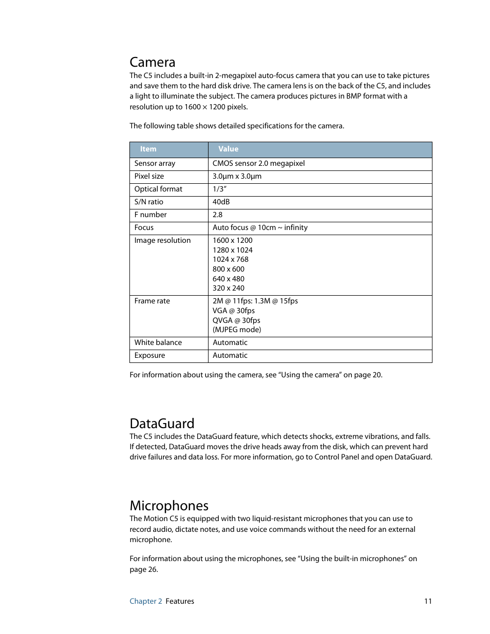 Camera, Dataguard, Microphones | Motion Computing C5 User Manual | Page 13 / 66