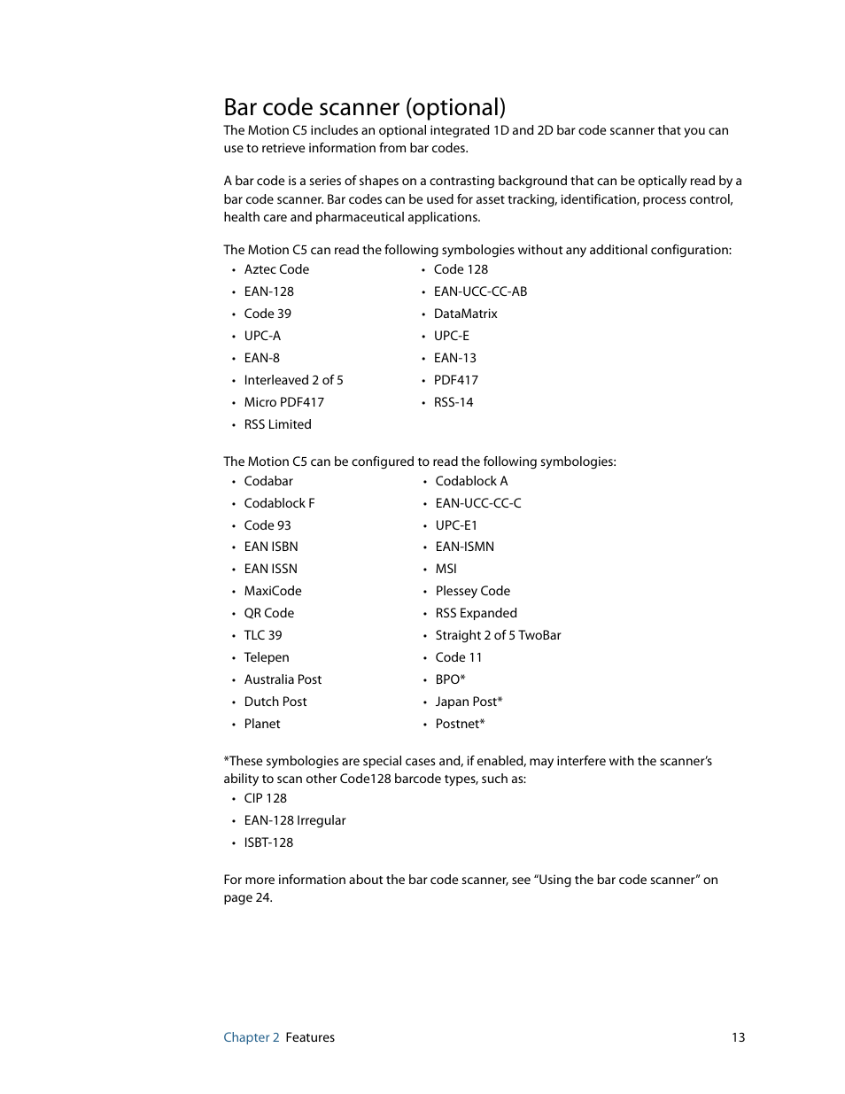 Bar code scanner (optional) | Motion Computing C5 User Manual | Page 15 / 66