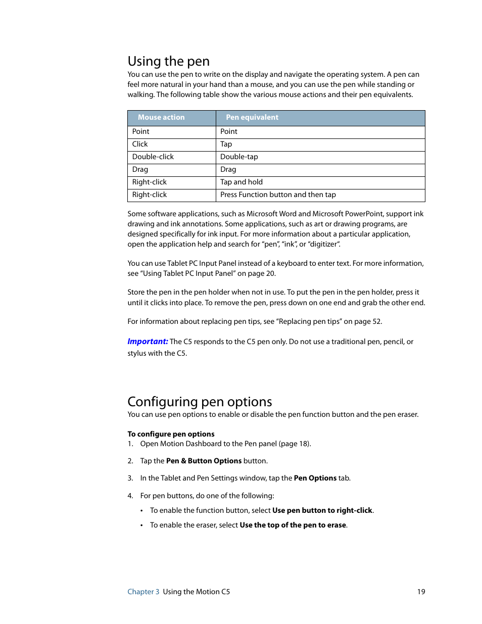 Using the pen, Configuring pen options | Motion Computing C5 User Manual | Page 21 / 66