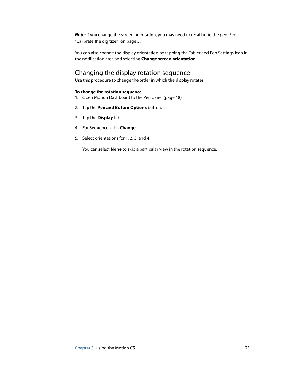 Changing the display rotation sequence | Motion Computing C5 User Manual | Page 25 / 66