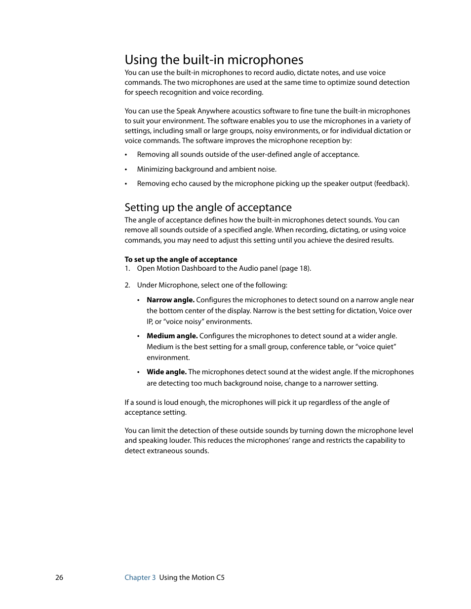 Using the built-in microphones, Setting up the angle of acceptance | Motion Computing C5 User Manual | Page 28 / 66