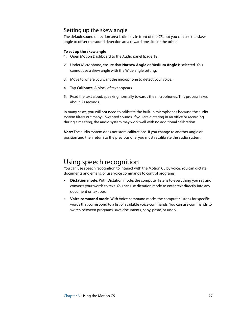 Setting up the skew angle, Using speech recognition | Motion Computing C5 User Manual | Page 29 / 66