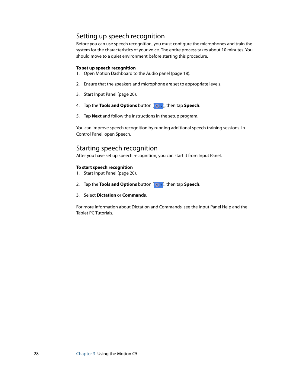 Setting up speech recognition, Starting speech recognition | Motion Computing C5 User Manual | Page 30 / 66