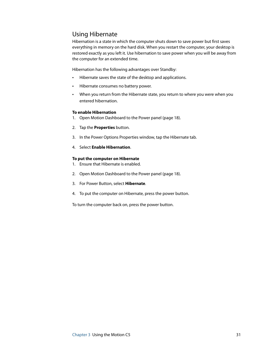 Using hibernate | Motion Computing C5 User Manual | Page 33 / 66
