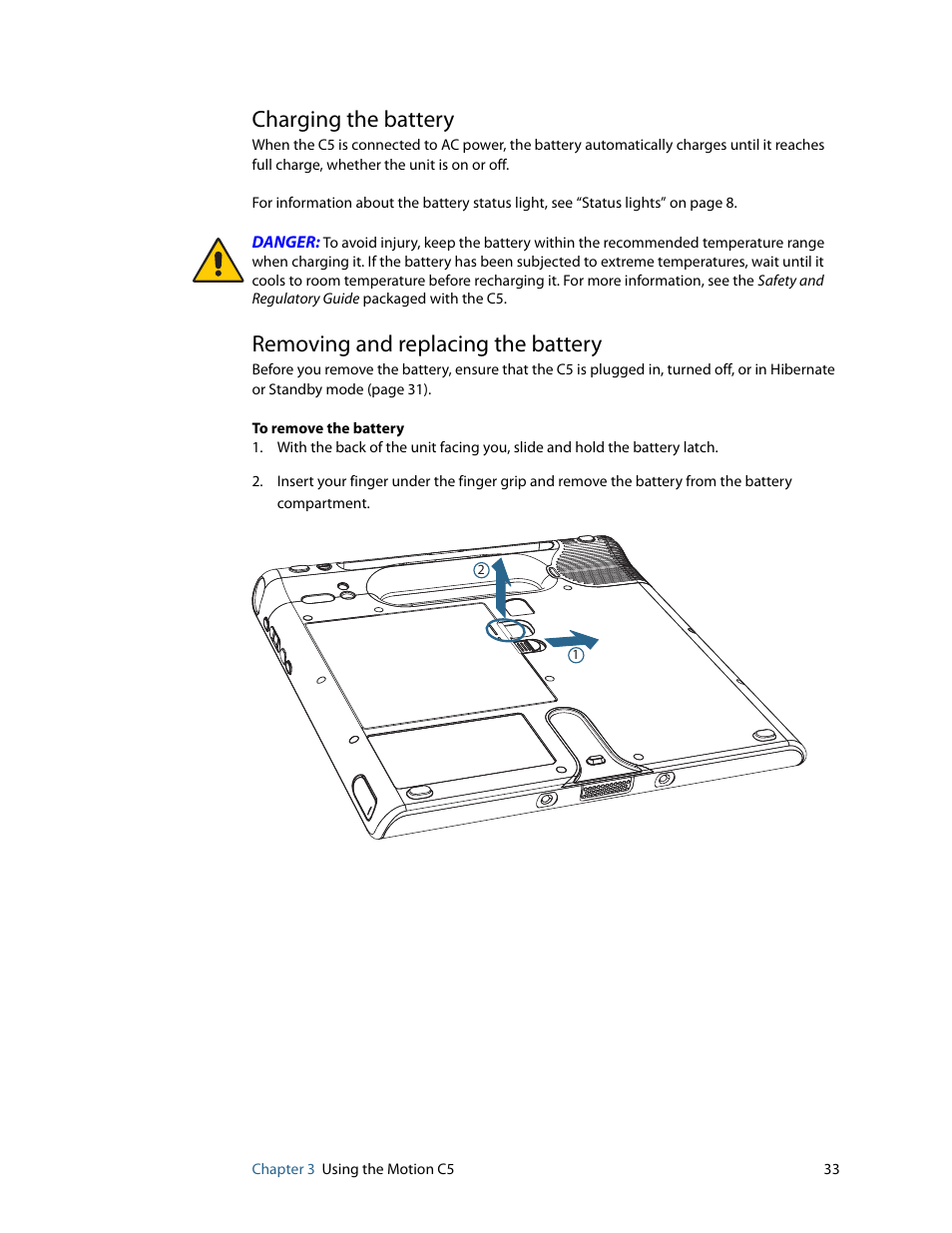 Charging the battery, Removing and replacing the battery | Motion Computing C5 User Manual | Page 35 / 66
