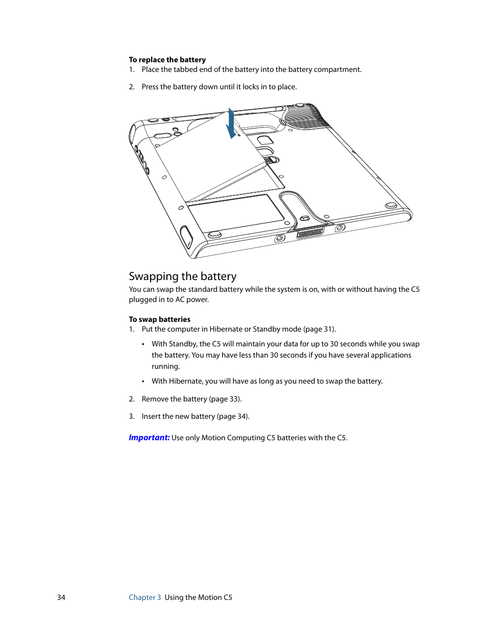 Swapping the battery | Motion Computing C5 User Manual | Page 36 / 66