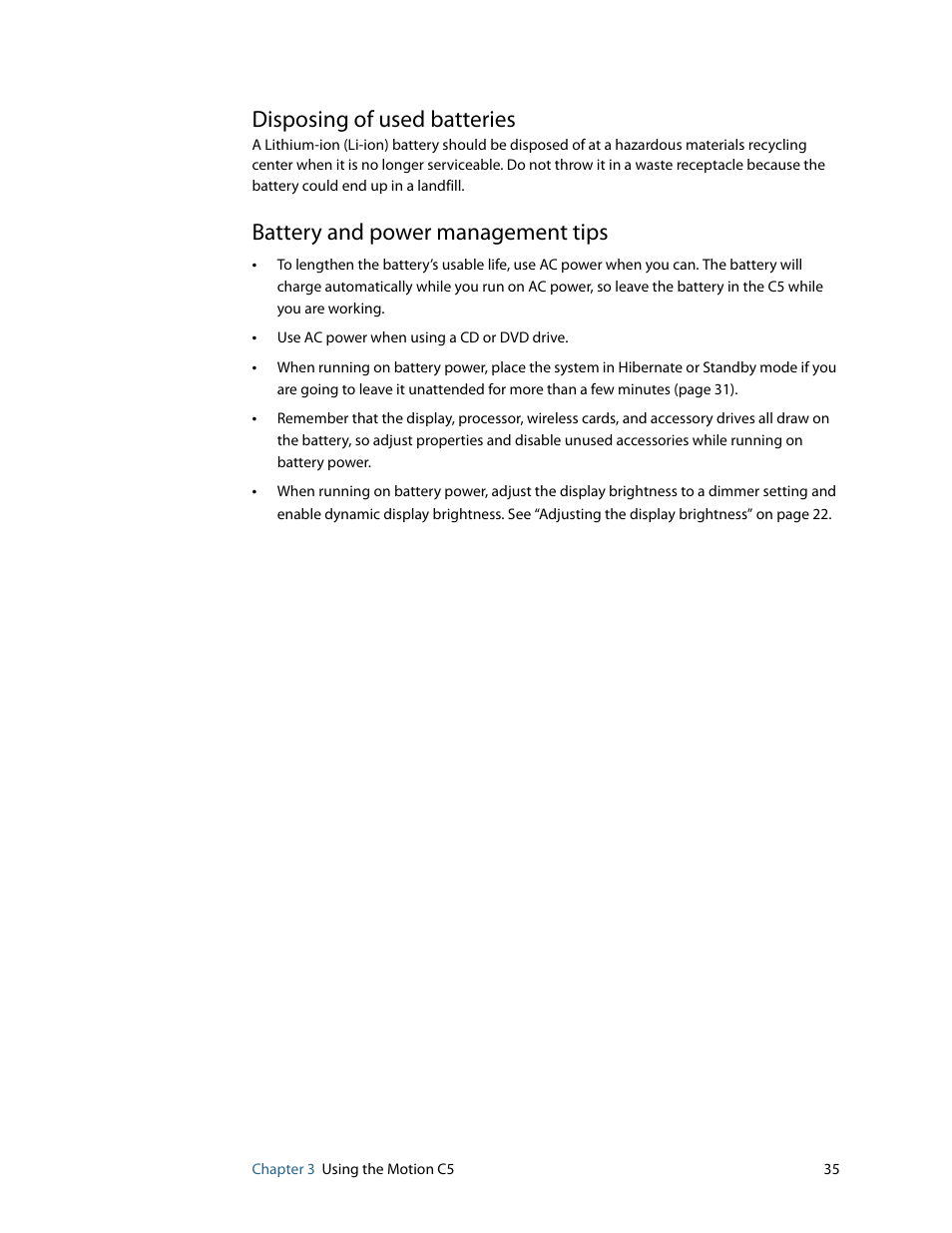 Disposing of used batteries, Battery and power management tips | Motion Computing C5 User Manual | Page 37 / 66