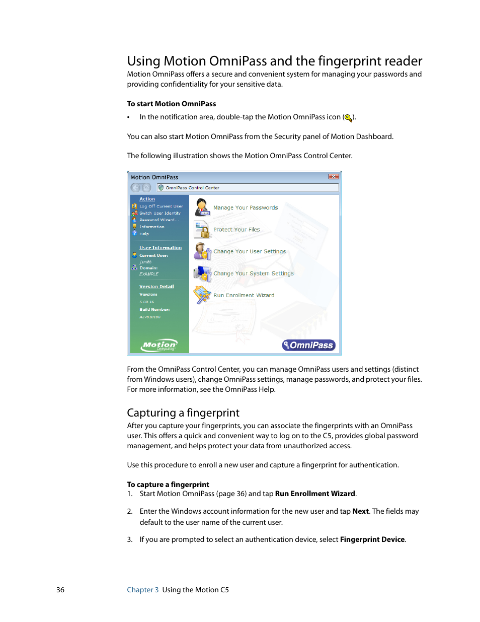 Using motion omnipass and the fingerprint reader, Capturing a fingerprint | Motion Computing C5 User Manual | Page 38 / 66