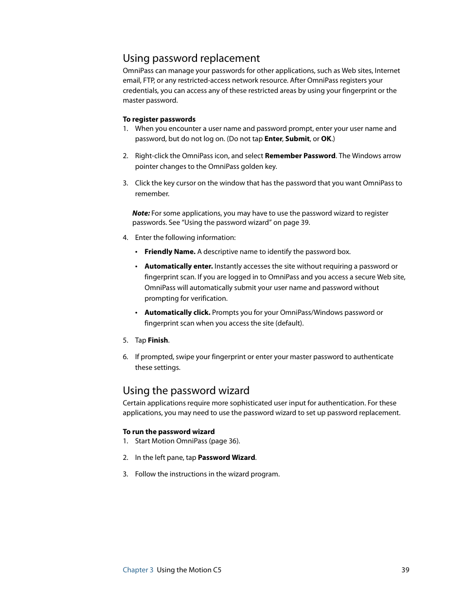 Using password replacement, Using the password wizard | Motion Computing C5 User Manual | Page 41 / 66