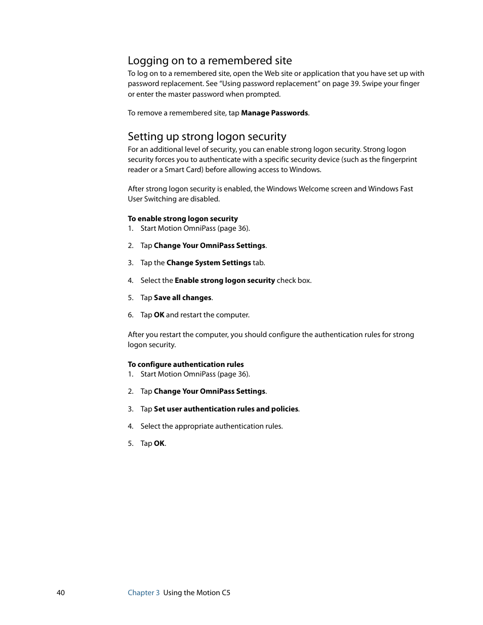 Logging on to a remembered site, Setting up strong logon security | Motion Computing C5 User Manual | Page 42 / 66