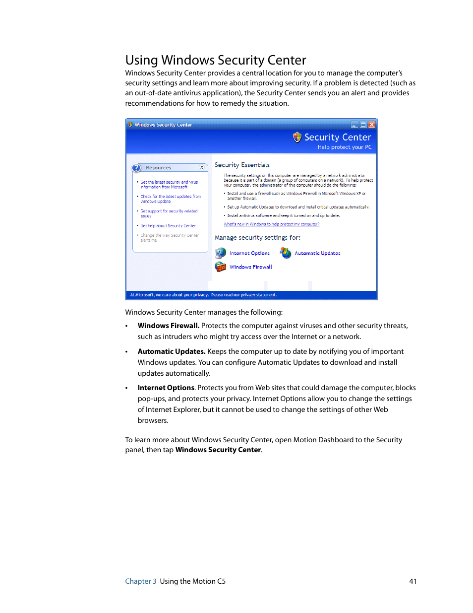 Using windows security center | Motion Computing C5 User Manual | Page 43 / 66