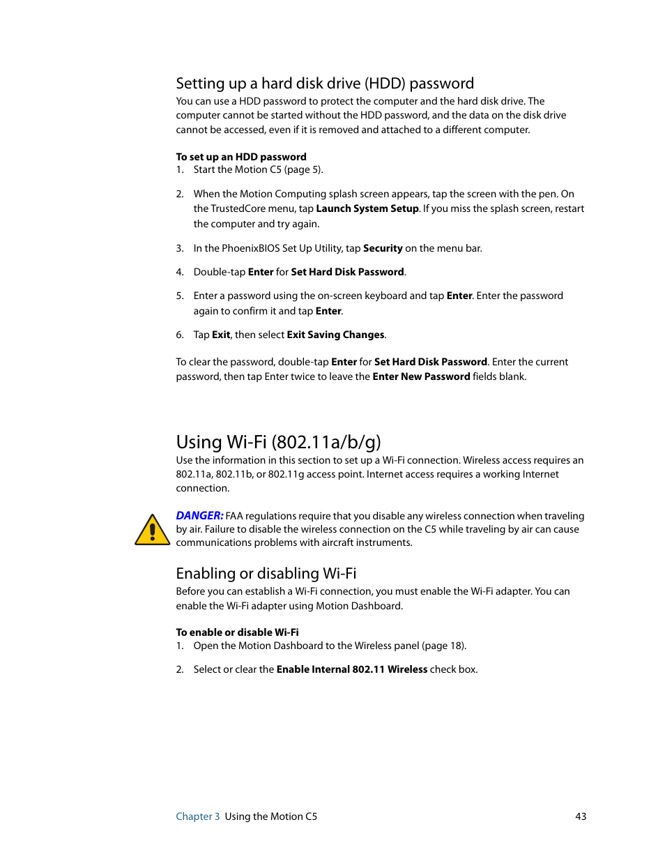 Setting up a hard disk drive (hdd) password, Using wi-fi (802.11a/b/g), Enabling or disabling wi-fi | Motion Computing C5 User Manual | Page 45 / 66