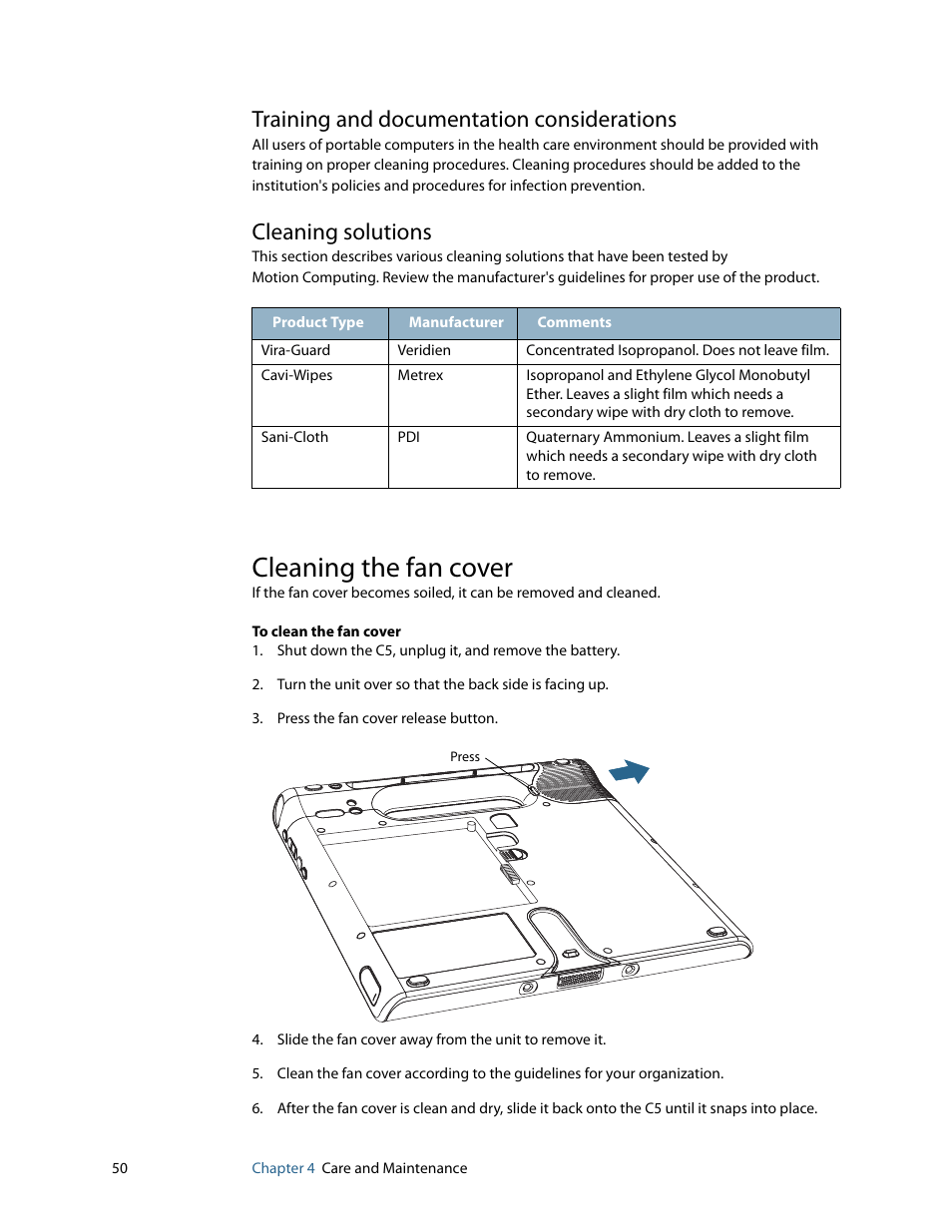 Training and documentation considerations, Cleaning solutions, Cleaning the fan cover | Motion Computing C5 User Manual | Page 52 / 66
