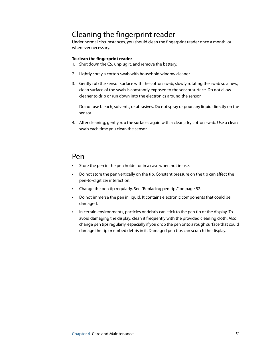Cleaning the fingerprint reader | Motion Computing C5 User Manual | Page 53 / 66