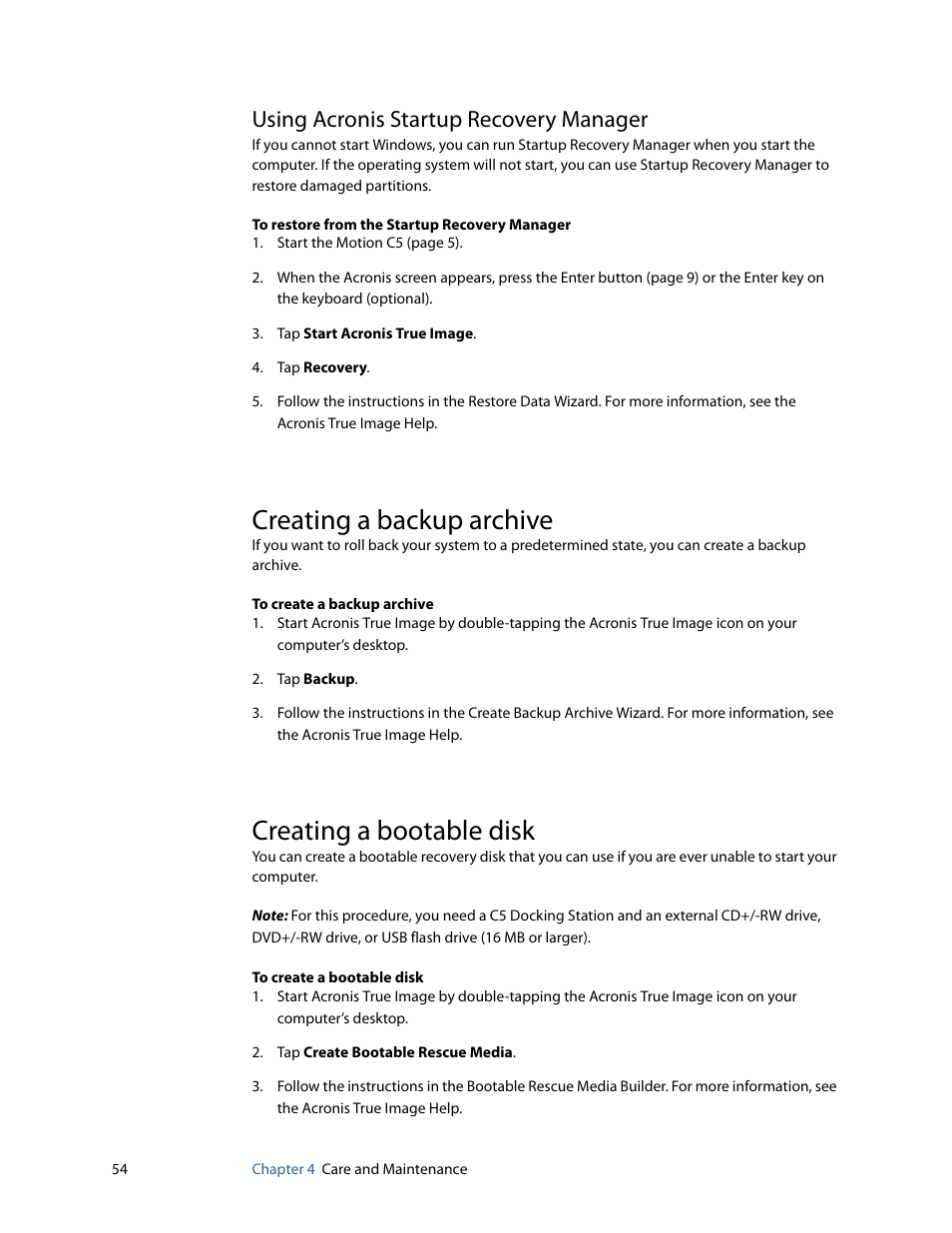 Using acronis startup recovery manager, Creating a backup archive, Creating a bootable disk | Motion Computing C5 User Manual | Page 56 / 66