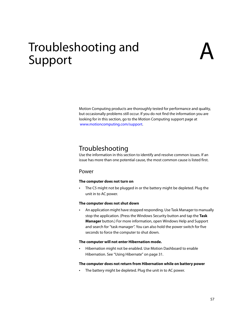 Troubleshooting, Troubleshooting and support | Motion Computing C5 User Manual | Page 59 / 66