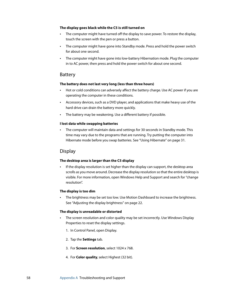 Battery, Display | Motion Computing C5 User Manual | Page 60 / 66