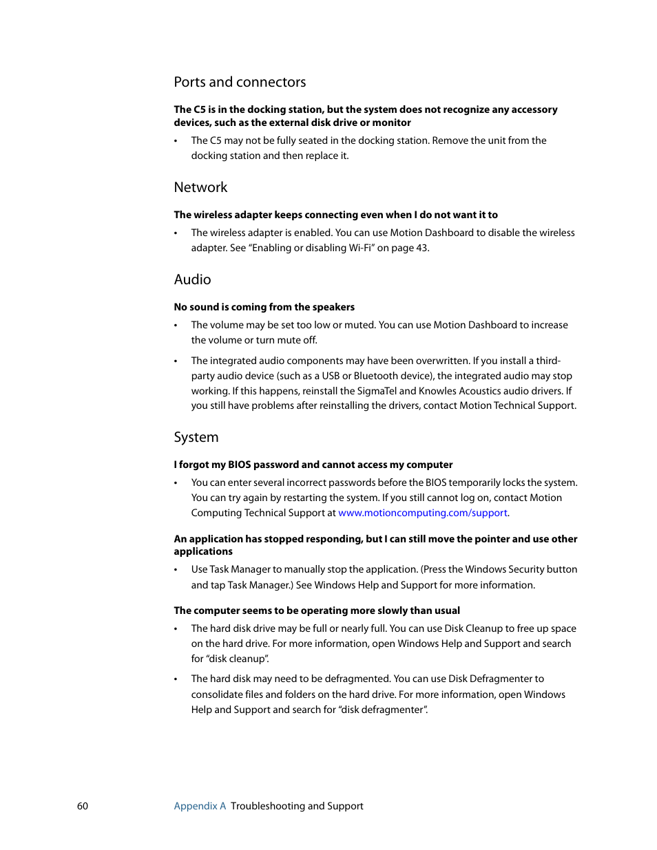 Ports and connectors, Network, Audio | System | Motion Computing C5 User Manual | Page 62 / 66