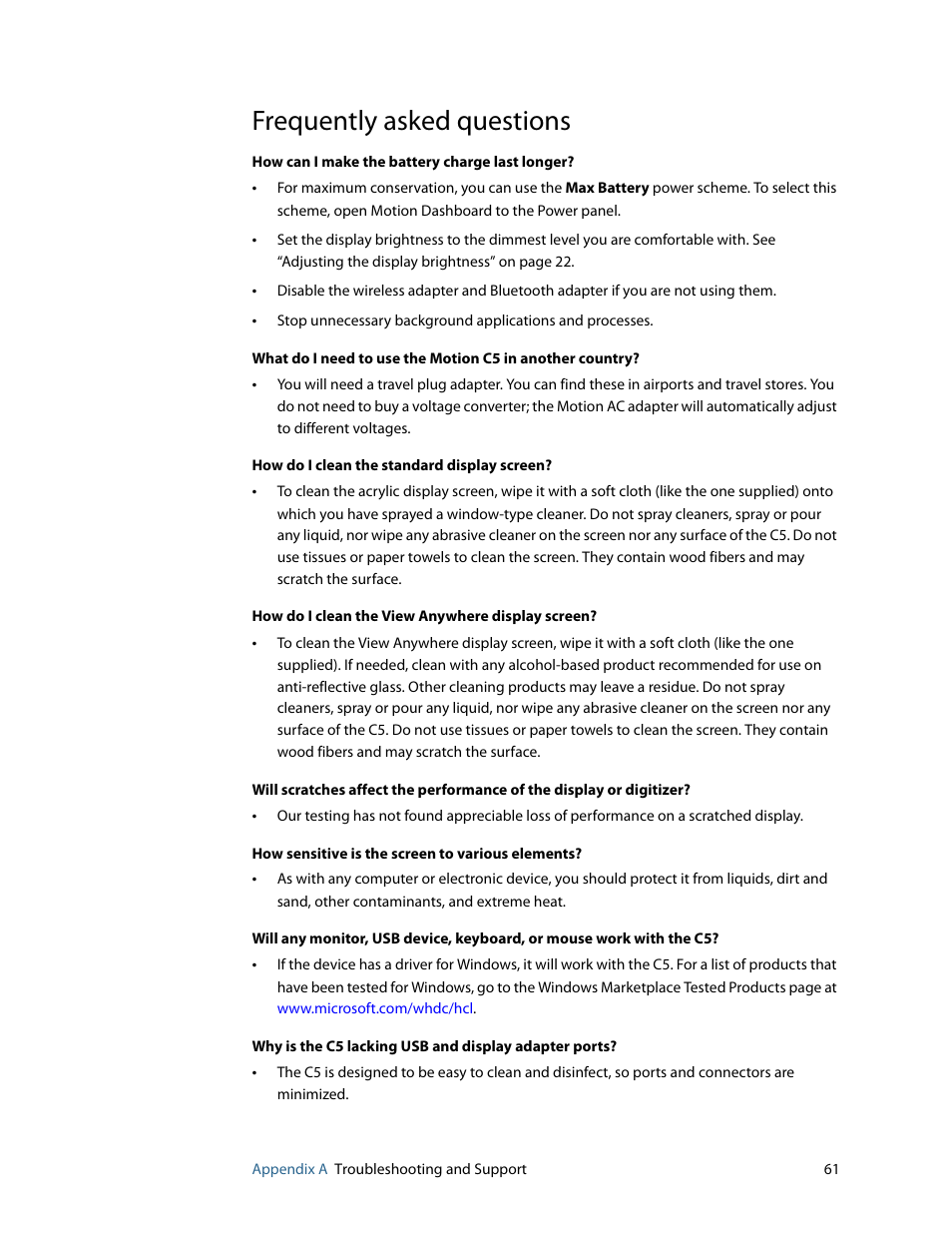 Frequently asked questions | Motion Computing C5 User Manual | Page 63 / 66