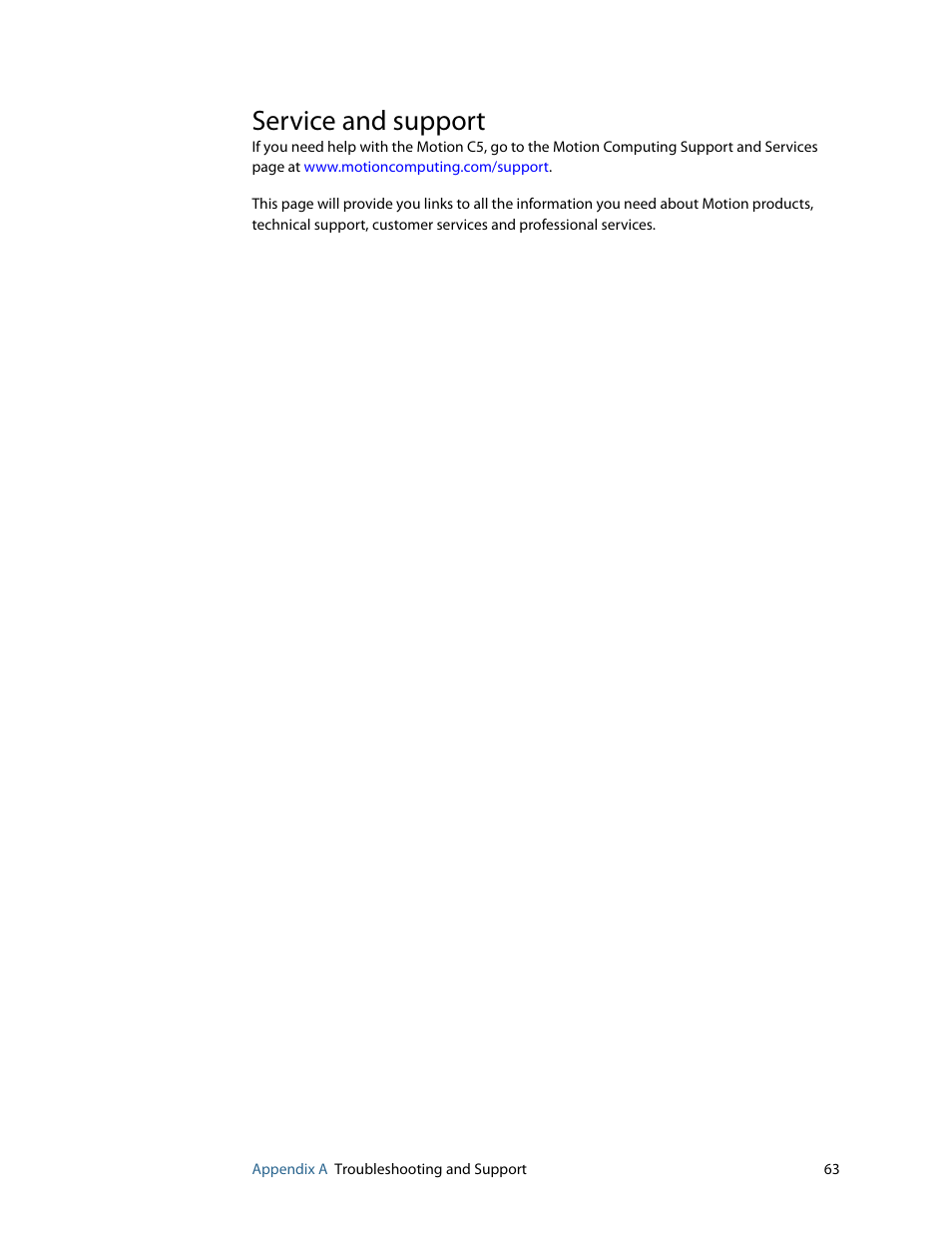 Service and support | Motion Computing C5 User Manual | Page 65 / 66