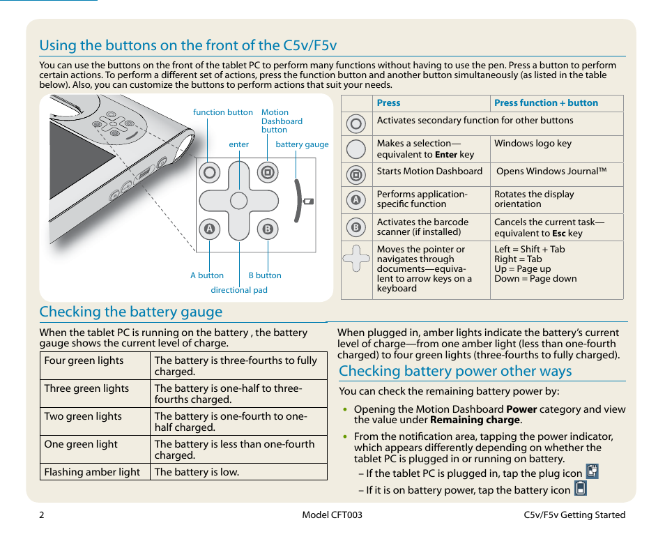 Using the buttons on the front of the c5v/f5v, Front buttons checking the battery gauge, Checking battery power other ways | Motion Computing CFT-003 User Manual | Page 2 / 7