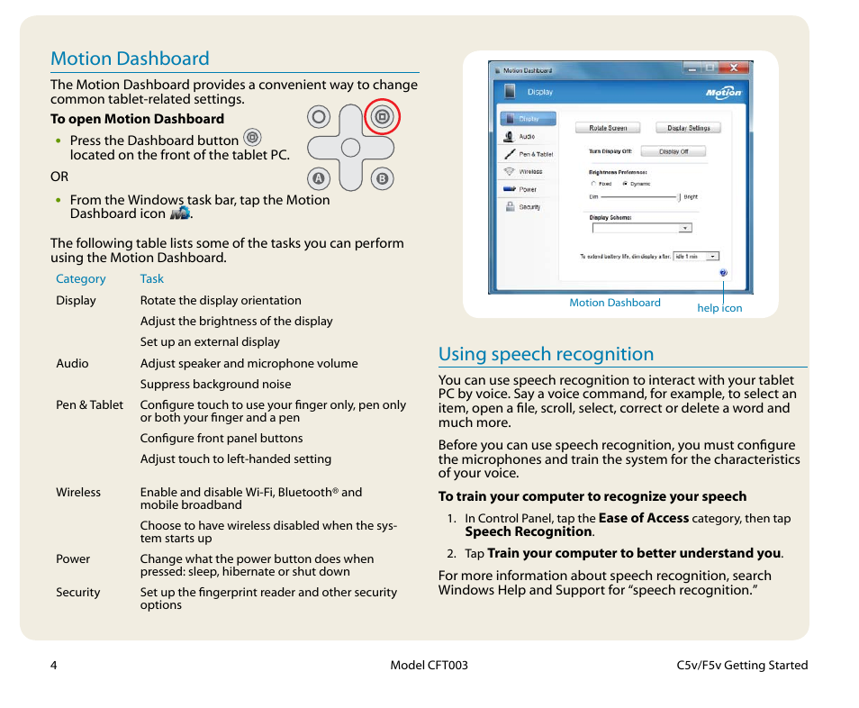 Motion dashboard, Using speech recognition | Motion Computing CFT-003 User Manual | Page 4 / 7