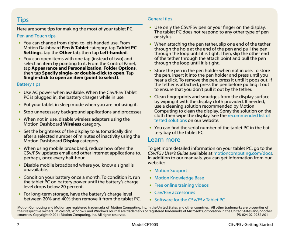 Tips, Learn more | Motion Computing CFT-003 User Manual | Page 7 / 7