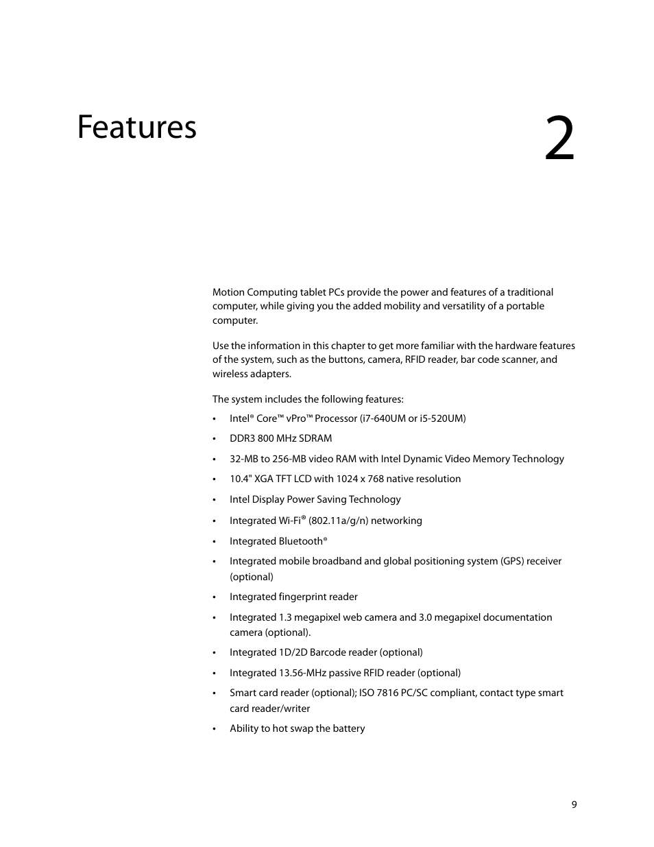 Features, Chapter 2 | Motion Computing F5 User Manual | Page 15 / 78