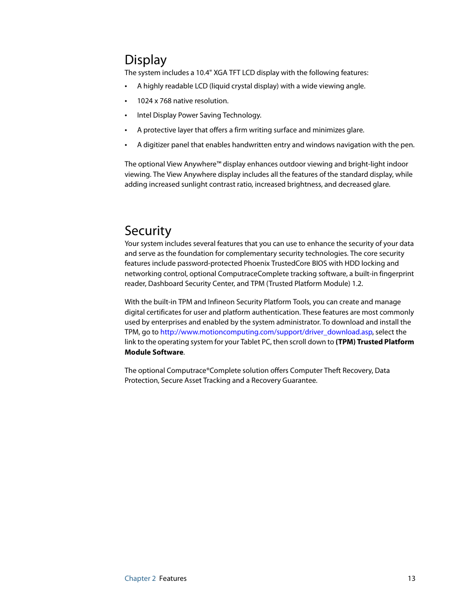 Display, Security, Display security | Motion Computing F5 User Manual | Page 19 / 78