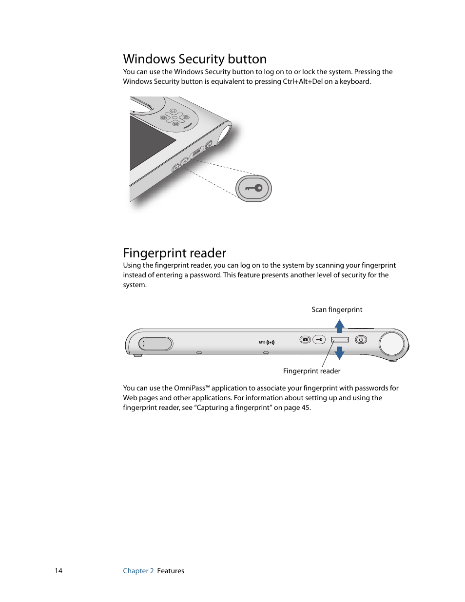 Windows security button, Fingerprint reader, Windows security button fingerprint reader | Motion Computing F5 User Manual | Page 20 / 78